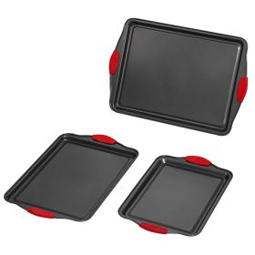 VEVOR Baking Pans Set, 3-Piece, Nonstick Carbon Steel Cookware Sheets & Trays, Stackable Kitchen Oven Bakeware Cooking Sets with Silicone Handles