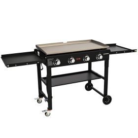 Griddle On Cart, 36' Heavy Duty Manual Flat Top Griddle, Outdoor Cooking Station With Side Shelves, Steel Natural Gas Griddle, 4-Burne (Option: Food Service)