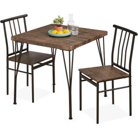 Metal Frame Dining Set with Wood Top Table and 2 Chairs (Color: Brown)