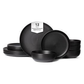 12-Piece Stoneware Dinner Plates Bowls Sets | Microwave & Dishwasher Safe | Non-Toxic Dinner Plates Bowls Set | Stackable Matte Glaze Kitchenware (Main Color: Black, Main Material: Stone)