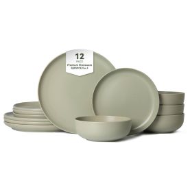 12-Piece Stoneware Dinner Plates Bowls Sets | Microwave & Dishwasher Safe | Non-Toxic Dinner Plates Bowls Set | Stackable Matte Glaze Kitchenware (Main Color: Green, Main Material: Stone)